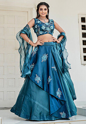 Embroidered Art Silk Lehenga in Teal Blue