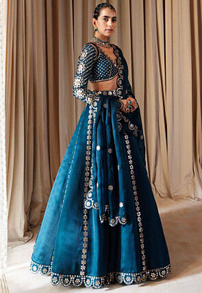 Embroidered Art Silk Lehenga in Teal Blue
