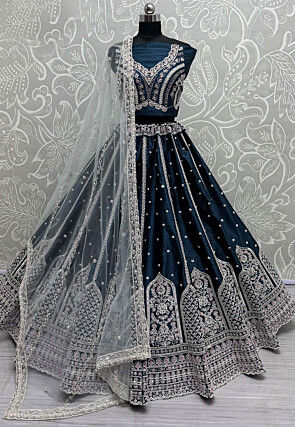Embroidered Art Silk Lehenga in Teal Blue
