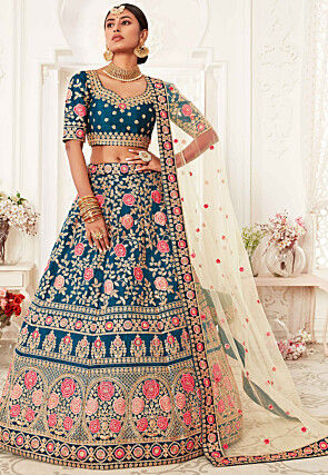 Embroidered Art Silk Lehenga in Teal Blue