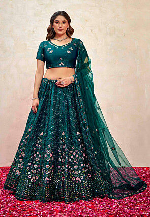 Embroidered Art Silk Lehenga in Teal Green