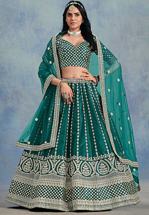 Embroidered Art Silk Lehenga in Teal Green