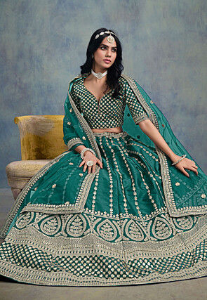 Embroidered Art Silk Lehenga in Teal Green
