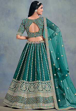 Embroidered Art Silk Lehenga in Teal Green