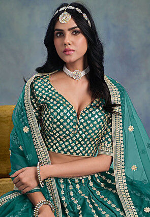 Embroidered Art Silk Lehenga in Teal Green