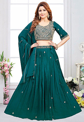 Embroidered Art Silk Lehenga in Teal Green