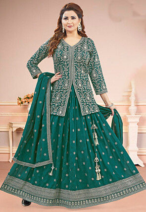 Embroidered Art Silk Lehenga in Teal Green