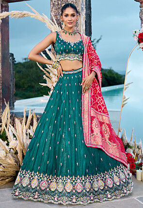 Embroidered Art Silk Lehenga in Teal Green