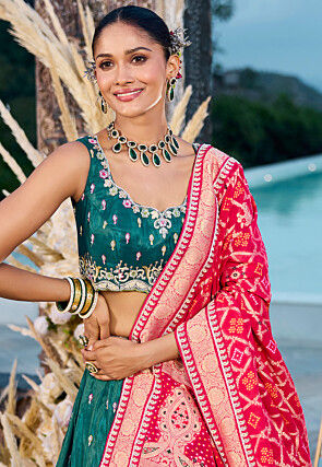 Embroidered Art Silk Lehenga in Teal Green