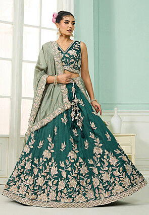 Embroidered Art Silk Lehenga in Teal Green