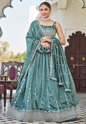 Embroidered Art Silk Lehenga in Teal Green
