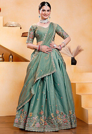 Embroidered Art Silk Lehenga in Teal Green