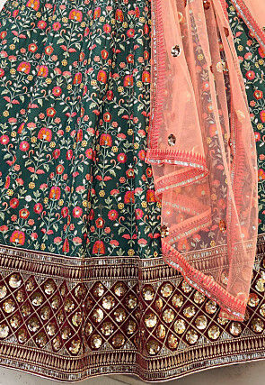 Embroidered Art Silk Lehenga in Teal Green