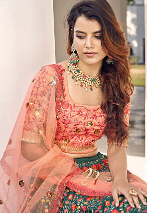 Embroidered Art Silk Lehenga in Teal Green