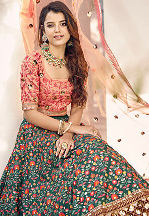 Embroidered Art Silk Lehenga in Teal Green