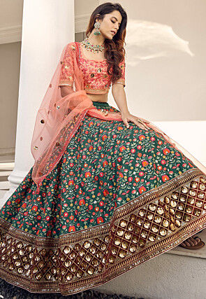 Embroidered Art Silk Lehenga in Teal Green