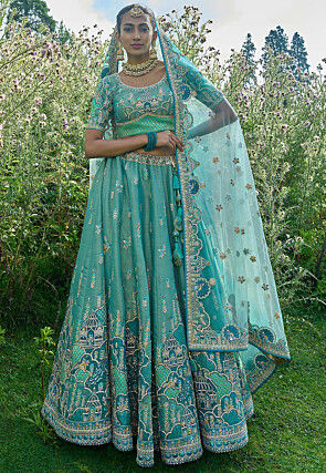 Embroidered Art Silk Lehenga in Turquoise