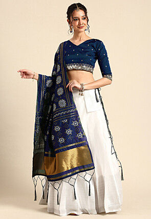 Woven Art Silk Lehenga in White