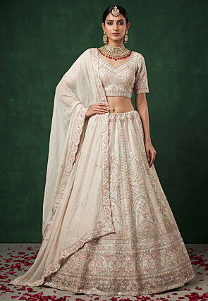 Embroidered Art Silk Lehenga in White