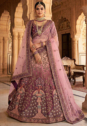Embroidered Art Silk Lehenga in Wine and Peach