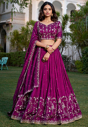 Embroidered Art Silk Lehenga in Wine
