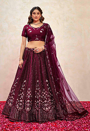 Embroidered Art Silk Lehenga in Wine