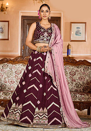 Embroidered Art Silk Lehenga in Wine