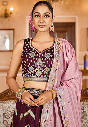 Embroidered Art Silk Lehenga in Wine