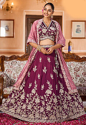 Embroidered Art Silk Lehenga in Wine