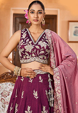 Embroidered Art Silk Lehenga in Wine