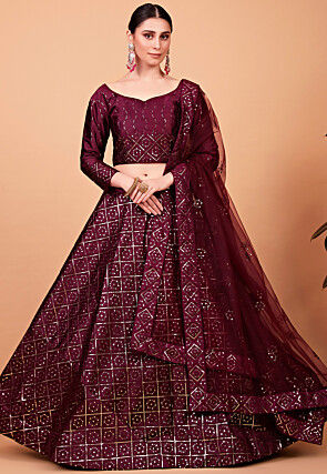 Embroidered Art Silk Lehenga in Wine