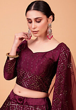 Embroidered Art Silk Lehenga in Wine