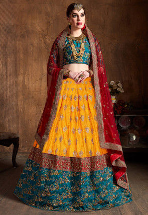 Embroidered Art Silk Lehenga in Yellow and Teal Blue