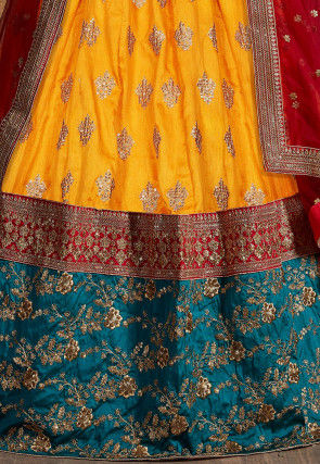 Embroidered Art Silk Lehenga in Yellow and Teal Blue