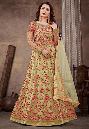 Embroidered Net Lehenga in Yellow 