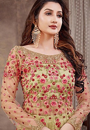 Embroidered Net Lehenga in Yellow 