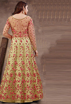 Embroidered Net Lehenga in Yellow 