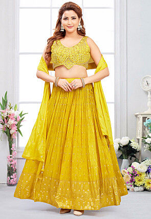 Embroidered Art Silk Lehenga in Yellow