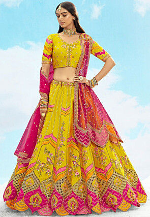 Embroidered Art Silk Jacquard Lehenga in Yellow