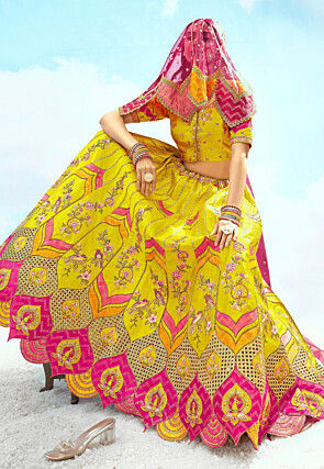 Embroidered Art Silk Jacquard Lehenga in Yellow