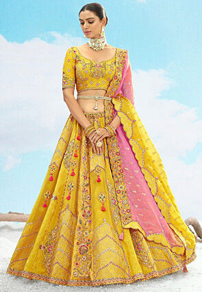 Embroidered Art Silk Jacquard Lehenga in Yellow