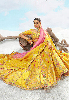 Embroidered Art Silk Jacquard Lehenga in Yellow