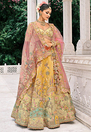 Embroidered Art Silk Lehenga in Yellow