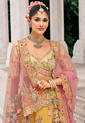 Embroidered Art Silk Lehenga in Yellow