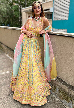 Embroidered Art Silk Lehenga in Yellow