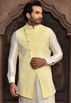 Embroidered Art Silk Long Jacket in Yellow