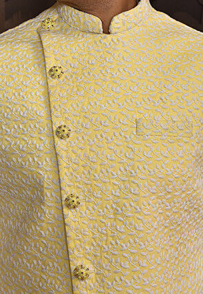 Embroidered Art Silk Long Jacket in Yellow