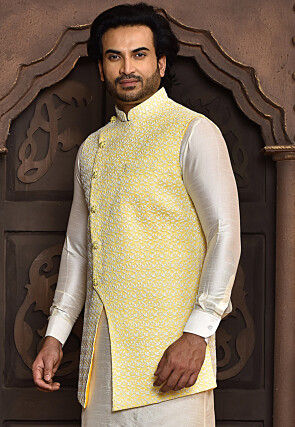 Embroidered Art Silk Long Jacket in Yellow
