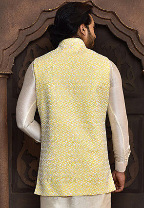 Embroidered Art Silk Long Jacket in Yellow