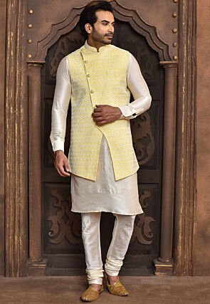 Embroidered Art Silk Long Jacket in Yellow